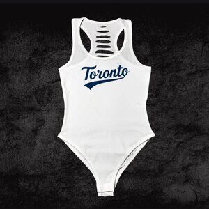 White/Navy Womens handmade black Toronto Script bodysuit, DIY Hockey outfits